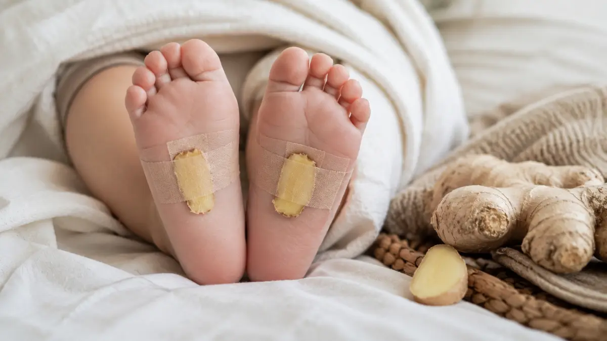Telapak kaki bayi ditempeli irisan jahe. (ai/chatgpt)