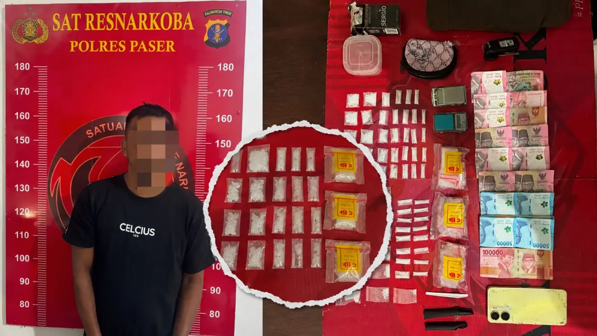 Terduga pelaku penyalahgunaan narkotika diamankan Satresnarkoba Polres Paser di Desa Tanah Periuk, Kecamatan Tanah Grogot. Polisi turut menyita 62 paket diduga sabu beserta sejumlah barang bukti. 