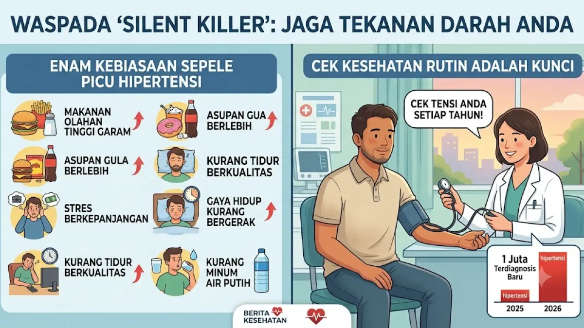 Ilustrasi ringkasan visual, menyoroti enam kebiasaan pemicu hipertensi serta pentingnya pemeriksaan rutin,(generate ai)