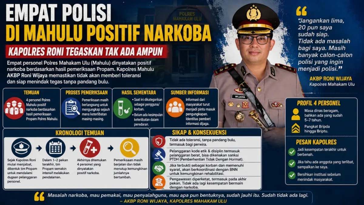 Kapolres Mahakam Ulu AKBP Roni Wijaya menegaskan tidak ada toleransi bagi anggota yang terlibat narkoba.