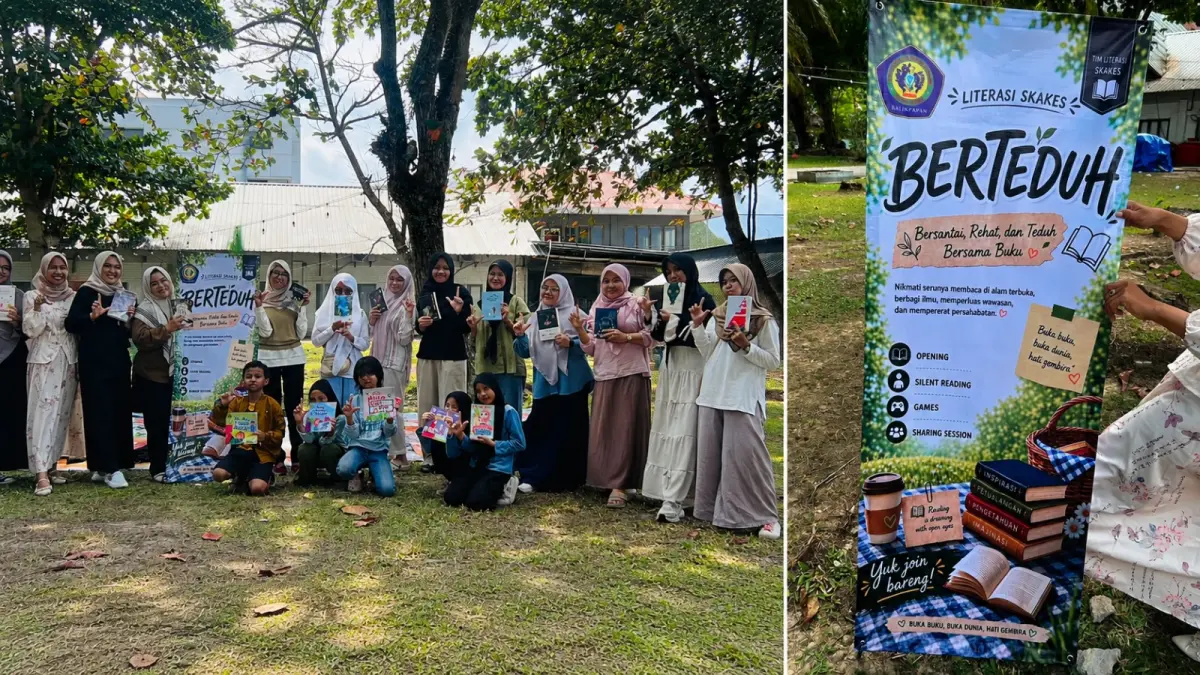 Tim Literasi SKAKES Balikpapan menggelar kegiatan “Berteduh” dengan membaca buku bersama di ruang terbuka. (NURON SETYA WIJAYA/KALTIM POST)