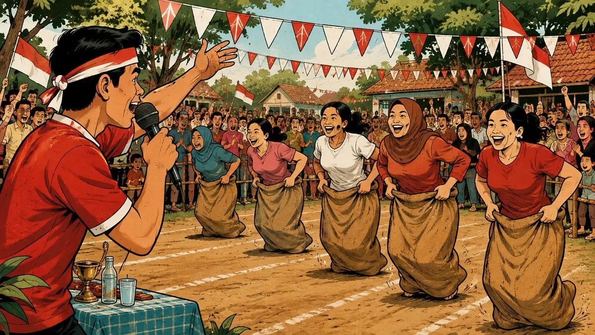 Ilustrasi. MC sedang menyemangati ibu-ibu yang sedang lomba balap karung. (ChatGPT)