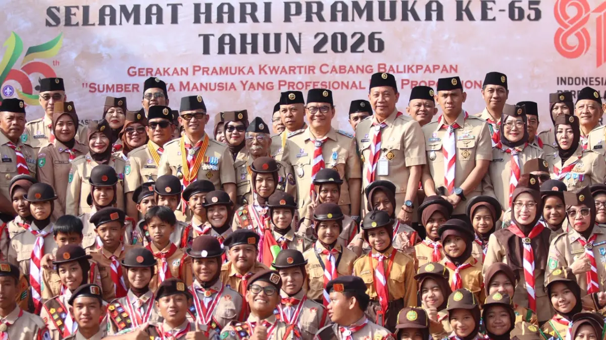 Wali Kota Balikpapan Rahmad Mas’ud memimpin Upacara Peringatan Hari Pramuka ke-65 di halaman Balai Kota Balikpapan, Jumat (14/8/2026). (ANGGI PRADITHA/KP)