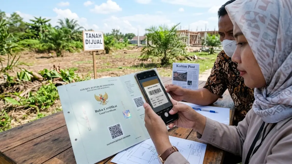 Ilustrasi seorang warga memasukkan data sertifikat lahan ke dalam aplikasi langsung diketahui dokumen tersebut bermasalah atau tidak.(generate ai)