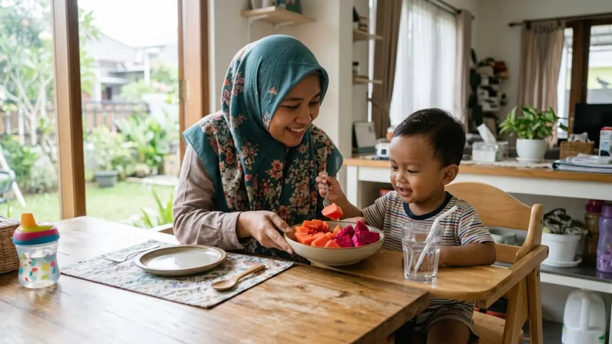 Ilustrasi seorang ibu tampak membujuk anak balitanya agar mau mengonsumsi buah-buahan.(generate ai)