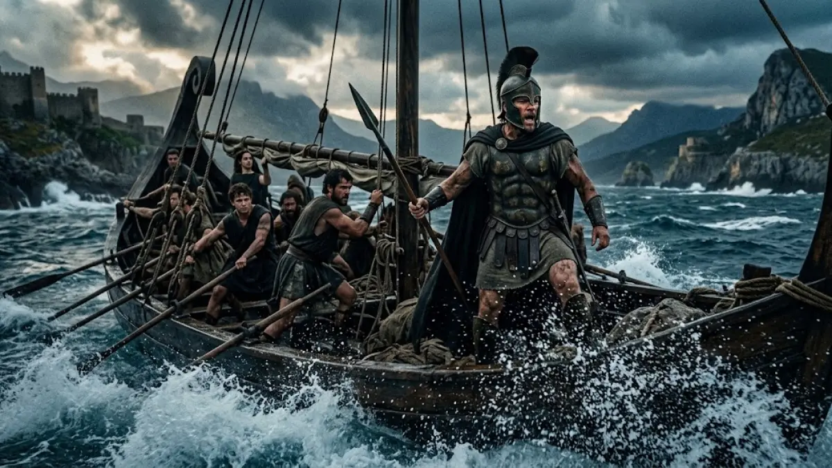 Ilustrasi visual yang menggambarkan keagungan film epik "The Odyssey" garapan Christopher Nolan. Gambar ini menangkap nuansa visual spektakuler yang menjadi salah satu faktor kunci kesuksesan film tersebut di box office global.(generate ai)