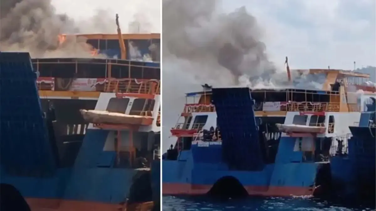 PENUH ASAP:&nbsp;KMP Bontang Express II terbakar pada Jumat di perairan Banyuwangi. (IST)