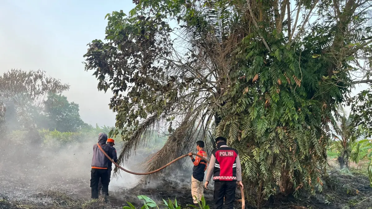 KARHUTLA: Petugas gabungan berupaya memadamkan api di Jalan AW Sjahranie, Sangatta Utara, Sabtu (22/8). (IST)

&nbsp;