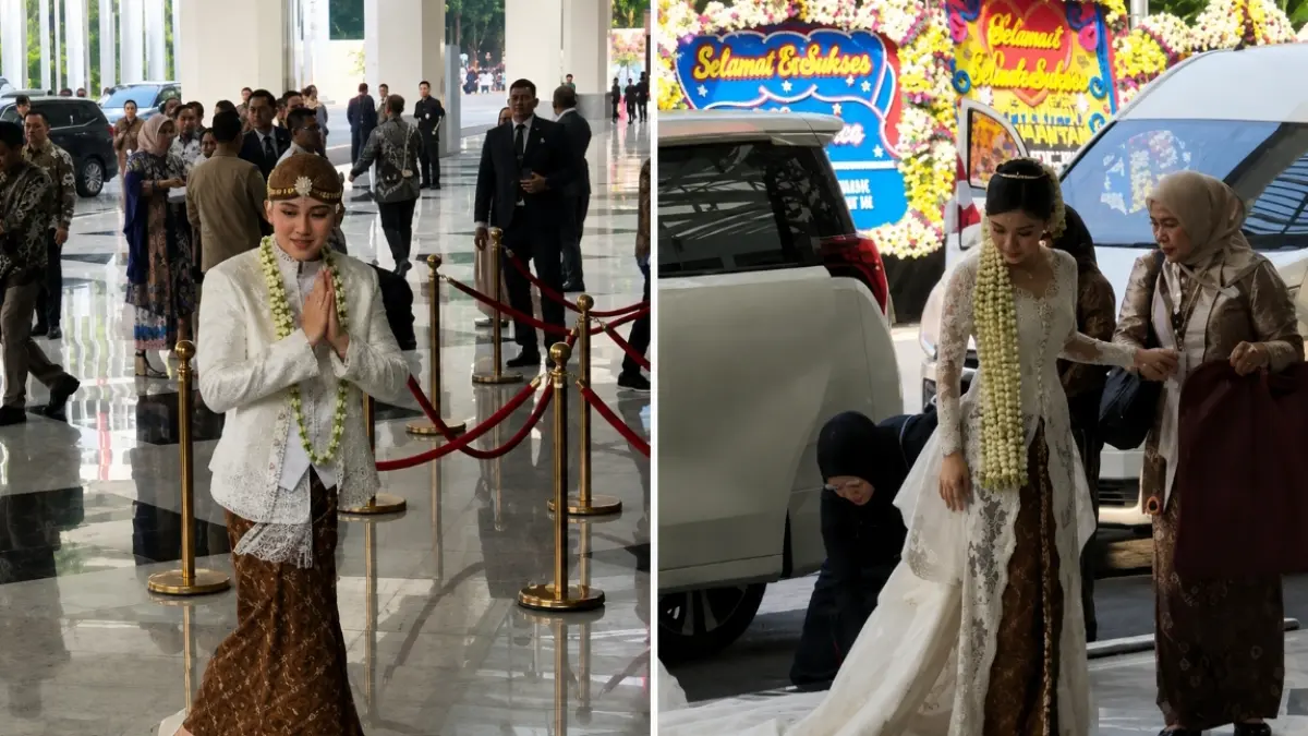 Rizky Irmansyah dan Chika Yenalovy tampil dalam balutan busana adat Jawa saat prosesi pernikahan di Jakarta Convention Center (JCC) Senayan, Jakarta, Minggu (23/8/2026). (FOTO: IST)