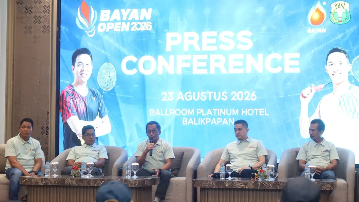 SIAP DIGEBER: Press conference Kejuaraan bulu tangkis Sirnas C Bayan Open 2026 yang bakal terhelat mulai Senin (24/8) di tiga venue di Balikpapan. (ANGGI PRADITHA/KP)