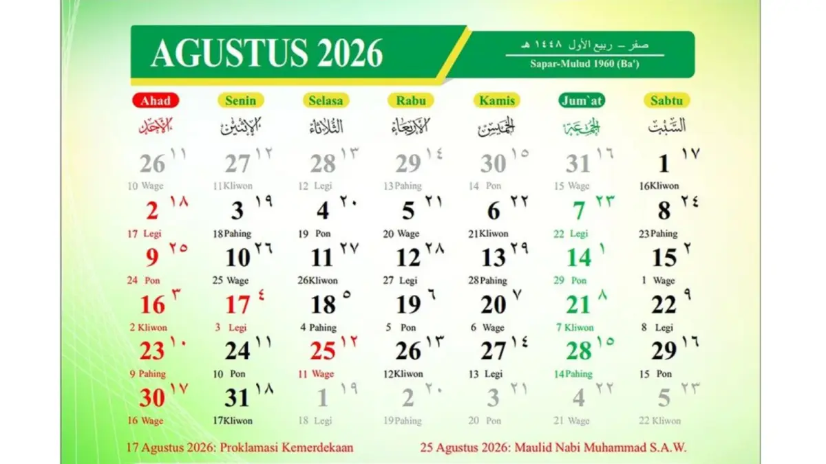 Kalender bulan Agustus 2026. (katadata)