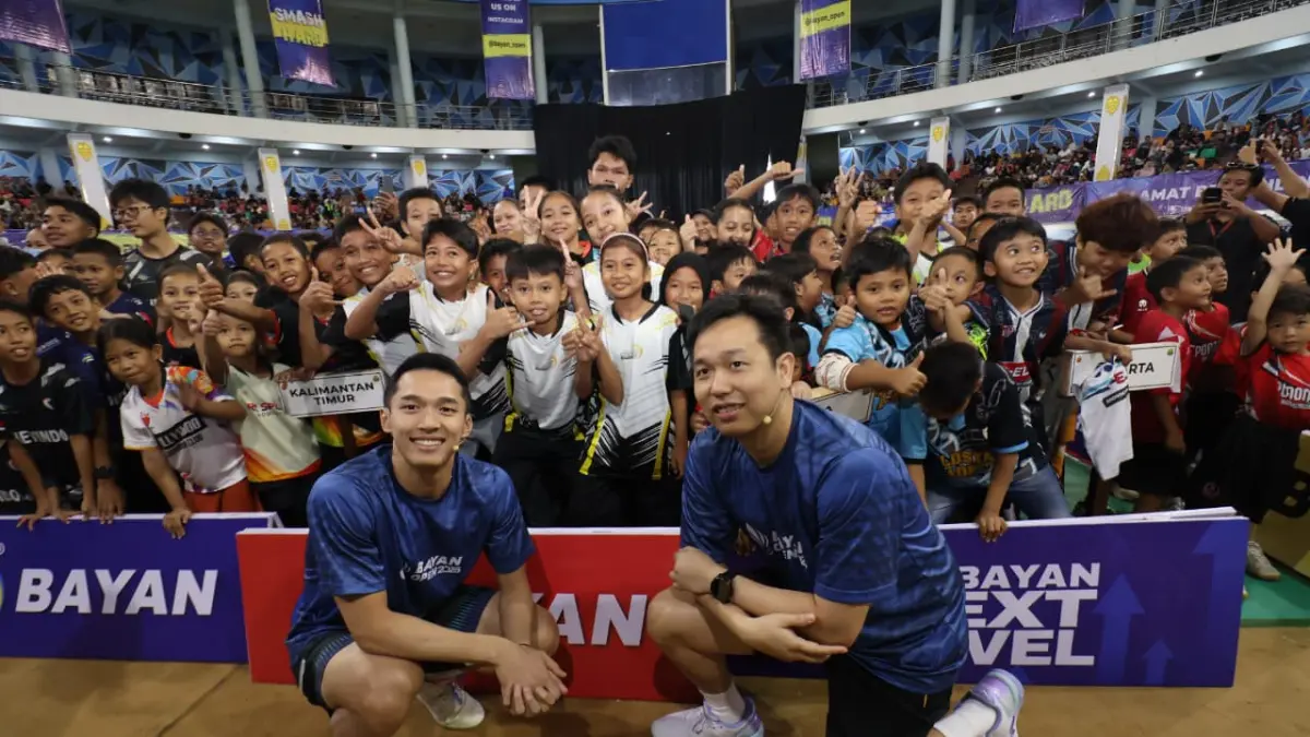 Hendra Setiawan dan Jonatan Christie mengisi agenda coaching clinic selepas pembukaan Bayan Open 2026 di BSCC Dome, Selasa (25/8). (ANGGI PRADITHA/KALTIM POST)