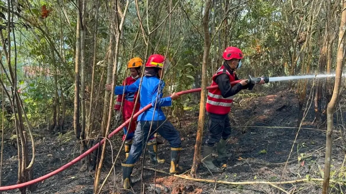 PADAMKAN: Petugas gabungan padamkan kebakaran lahan di kawasan Gunung Bahagia, Balikpapan Selatan.