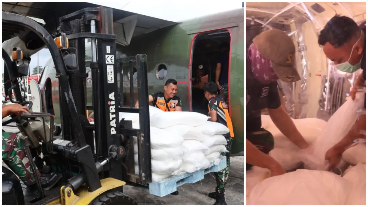 Petugas mempersiapkan bahan semai Natrium Klorida (NaCl) ke atas pesawat Cassa NC-212 di Lanud Dhomber, Balikpapan, Senin (24/8/2026). Sebanyak 1,6 ton NaCl disebar dalam dua sortie penerbangan untuk mengelola kondisi cuaca di kawasan IKN.