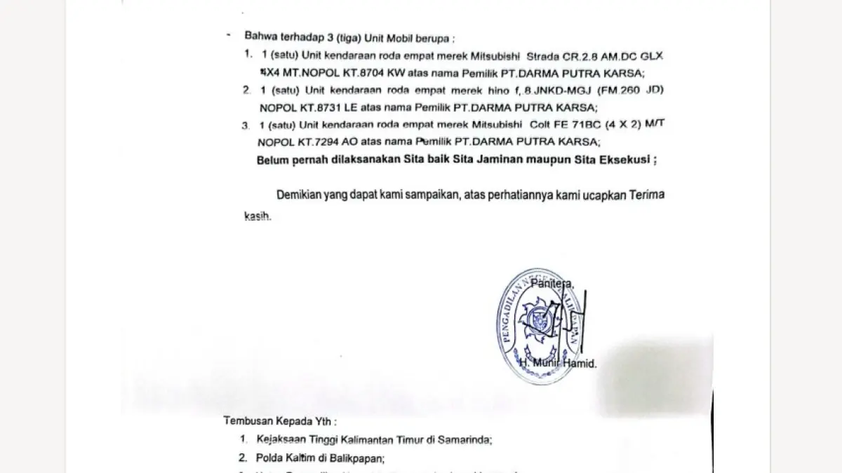 Putusan PN Balikpapa yang menyatakan tiga kendaraan yang dijual PT DPK tak masuk objek sita
