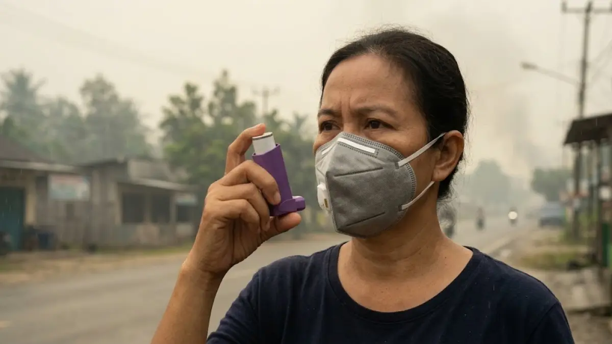 Ilustrasi penderita asma diimbau memakai masker dan inhaler dalam situasi karhutla.(generate ai)