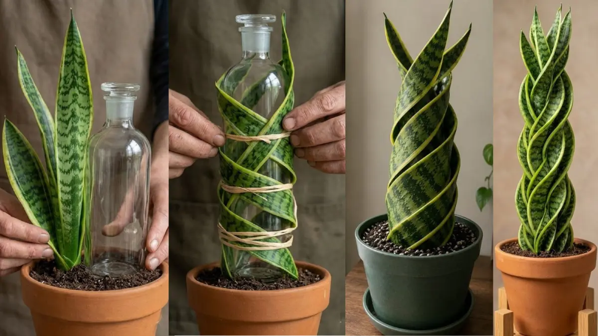 LEBIH UNIK: Tahapan membentuk tanaman hias snake plant spiral menggunakan botol. (howtogrowandtips.com)