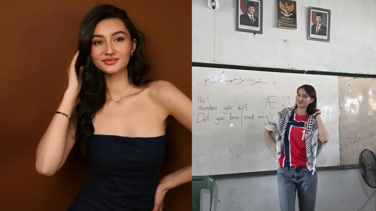 Ayu Zhafira Amalia Kynbraten, finalis Miss Norway 2026 berdarah Indonesia-Norwegia. Momen Ayu Kynbraten saat mengajar murid SD di Indonesia mengenakan jersey timnas Norwegia.