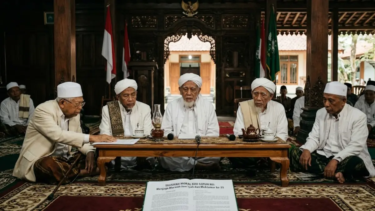 Ilustrasi Kiai Sepuh NU bersidang dan kemudian melahirkan sejumlah maklumat untuk Muktamar NU di Jombang, Jatim.(generate ai)