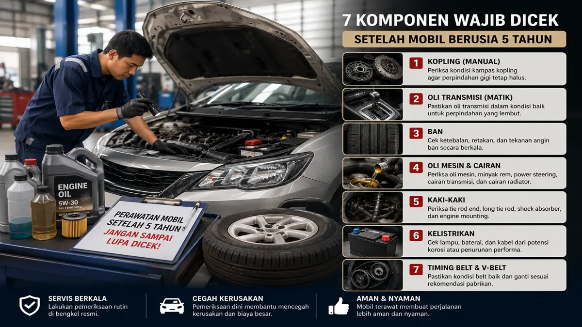 Perawatan mobil setelah lima tahun perlu memperhatikan sejumlah komponen penting agar kendaraan tetap aman dan nyaman digunakan. (Foto: Ilustrasi AI)