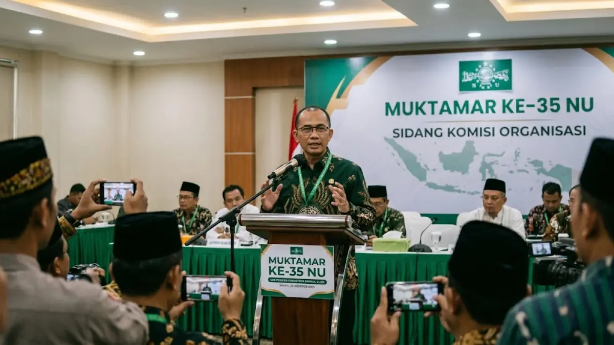 Ilustrasi Sidang Komisi Organisasi, Muktamar ke-35 NU, memutuskan melarang Rais Aam dan Ketum PBNU rangkap jabatan politik.(generate ai)