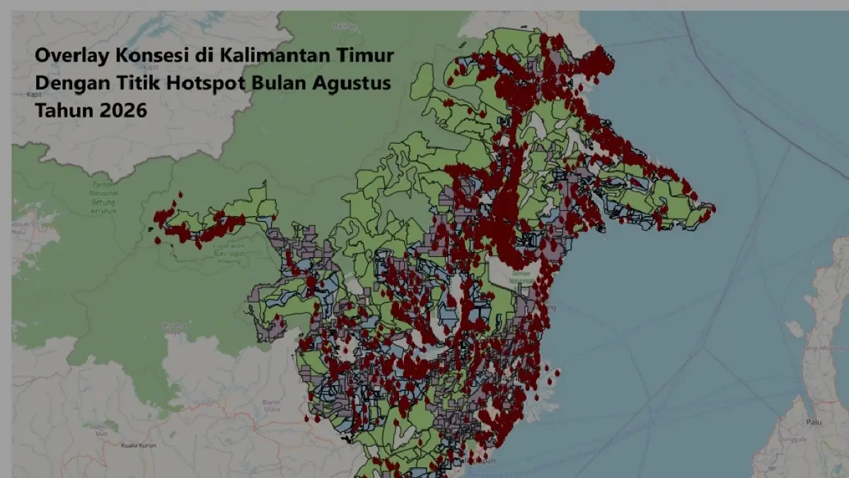 WALHI Kaltim mencatat sepanjang 1–25 Agustus 2026 sebanyak 13.475 titik panas berada di dalam kawasan konsesi—meliputi 5.266 titik di sektor kehutanan (PBPH), 4.474 titik di wilayah pertambangan, dan 3.735 titik di perkebunan sawit (HGU).