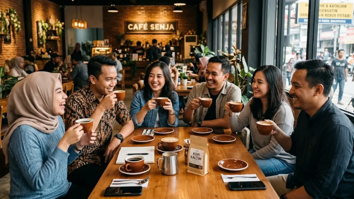 Ilustrasi sekumpulan orang tampak sedang menikmati seduhan kopi.(generate ai)