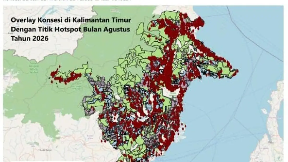 Peta sebaran titik panas karhutla WALHI Kaltim yang mendominasi kawasan konsesi perusahaan pertambangan dan perkebunan.