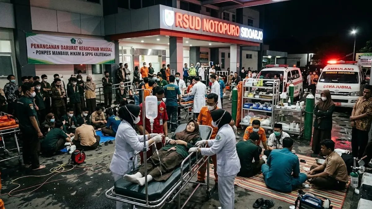 Akibat ratusan santri diduga keracunan MBG berdampak pada SPPG Kalitengah, Sidoarjo, ditutup sementara. Tampak ilustrasi penanganan para santri yang diduga keracunan itu.(generate ai)