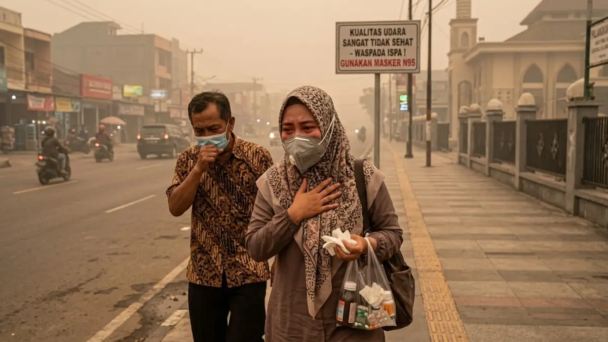 Warga menggunakan masker di tengah kabut asap. (Ilustrasi/AI Generated)

&nbsp;