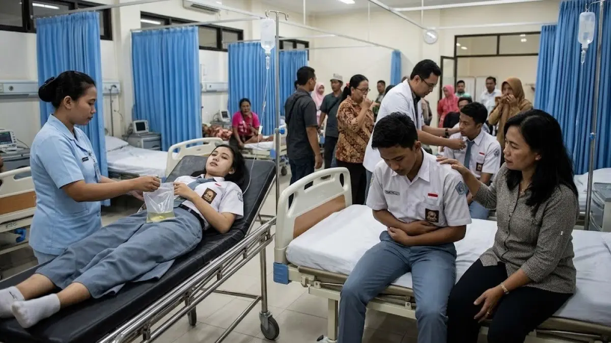 Ilustrasi puluhan siswa SMA 3 Nganjuk, Jatim, diduga keracunan setelah menyantap menu nasi goreng MBG.(generate ai)
