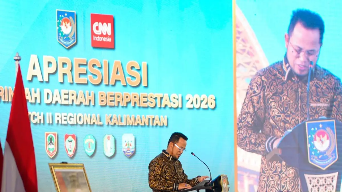 Gubernur Kalimantan Timur Rudy Mas’ud memberikan sambutan pada Apresiasi Pemerintah Daerah Berprestasi Tahun 2026 yang diselenggarakan Kemendagri. (DOKUMENTASI KEMENDAGRI)