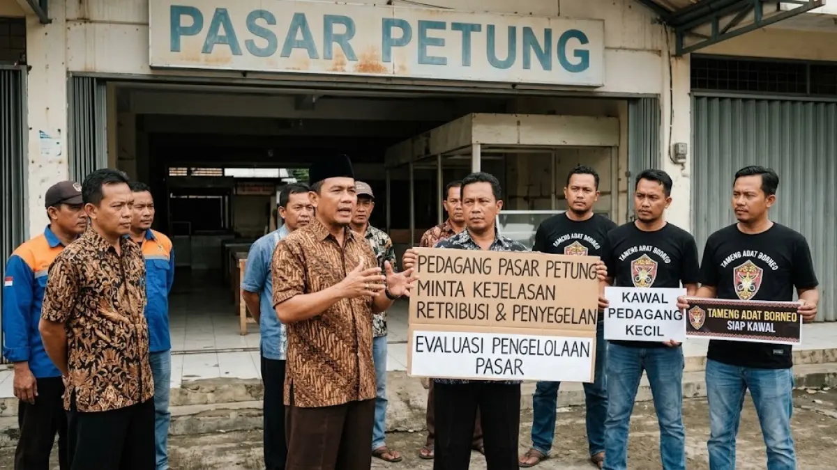 Ilustrasi pedagang dan ormas mendesak Pemkab PPU turun tangan terkait persoalan pengelolaan Pasar Petung.(generate ai)
