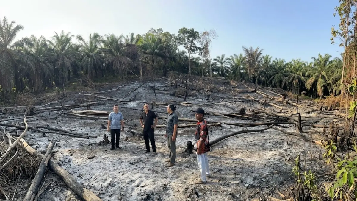 BAKAR LAHAN: Aparat kepolisian Polsek Penajam, PPU, saat mengecek pembukaan lahan dengan cara membakar. Polisi menahan dua orang.(Dok.Humas Polres PPU)