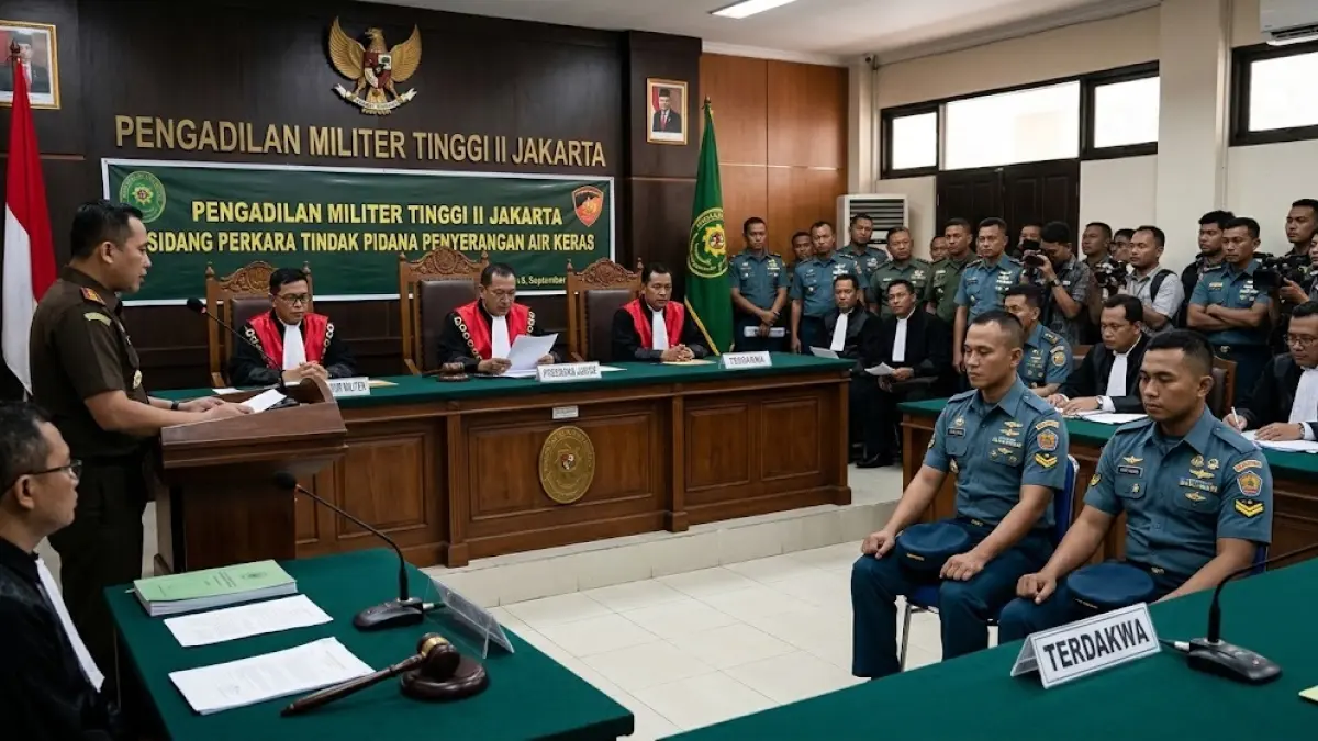Ilustrasi Pengadilan Militer Tinggi II Jakarta dalam sidang perkara tindak pidana penyiraman air keras kepada aktivis HAM.(generate ai)