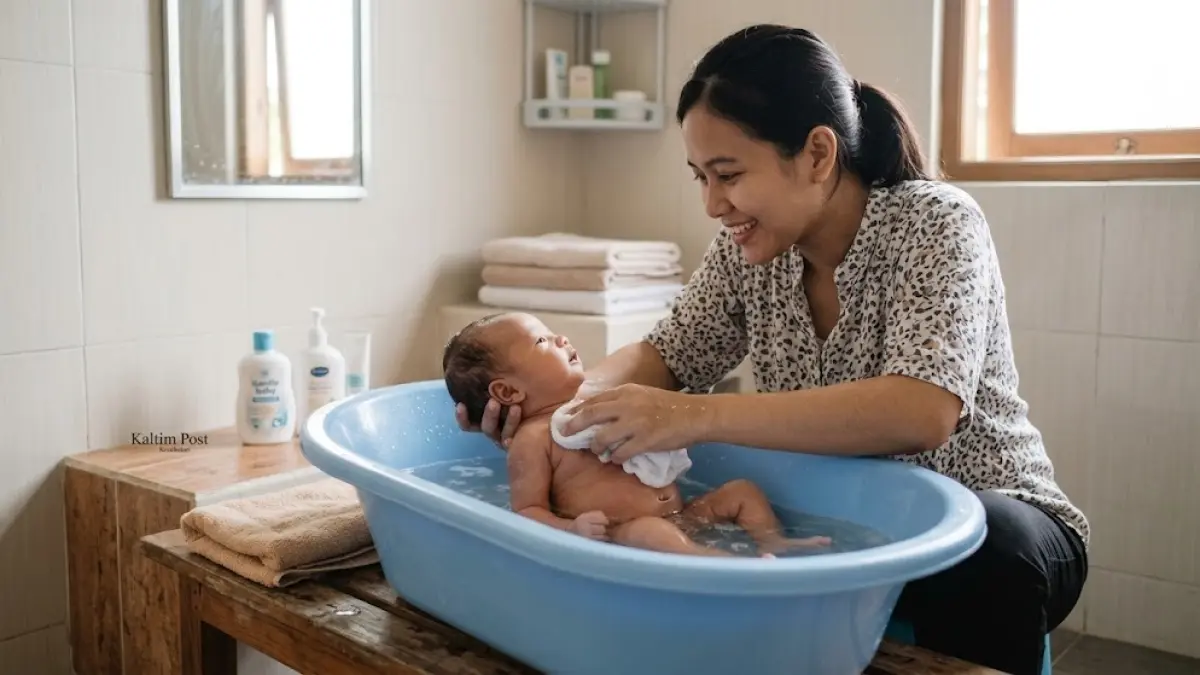 Ilustrasi seorang ibu sedang memandikan bayi.(generate ai)
