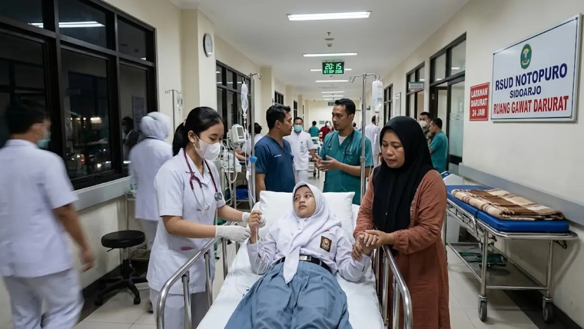 Ilustrasi siswa dilarikan lagi ke RSUD Notopuro Sidoarjo, Jatim, diduga keracunan.(generate ai)