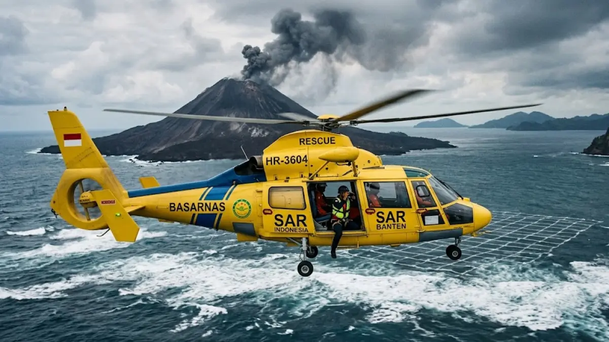 Ilustrasi Basarnas menurunkan helikopter untuk mencari 5 jurnalis yang hilang saat meliput erupsi Krakatau.(generate ai)