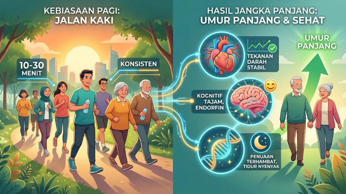Ilustrasi kebiasaan pagi yang bisa meningkatkan kesehatan dan panjang umur.(generate ai)
