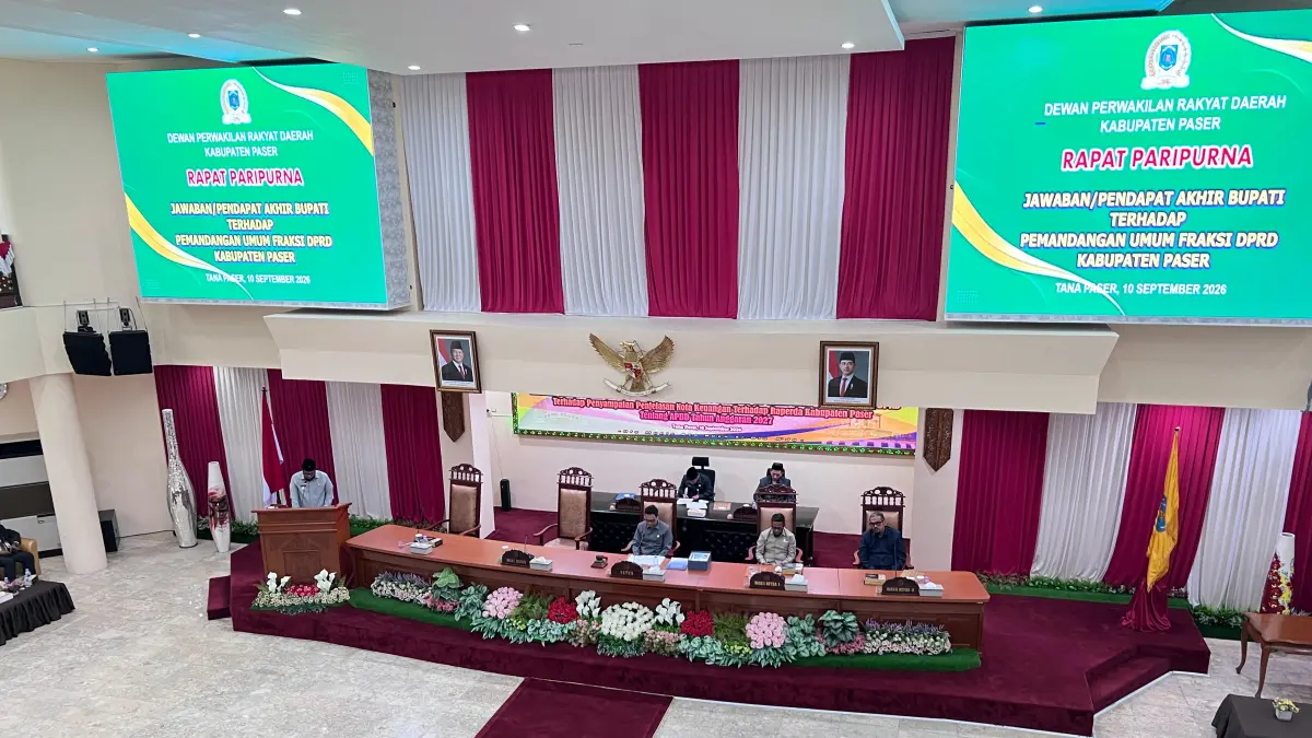 Rapat paripurna penyampaian Nota Keuangan Rancangan Peraturan Daerah (Raperda) tentang Anggaran Pendapatan dan Belanja Daerah (APBD) Kabupaten Paser Tahun Anggaran 2027 digelar, Kamis (10/9/2026).&nbsp;