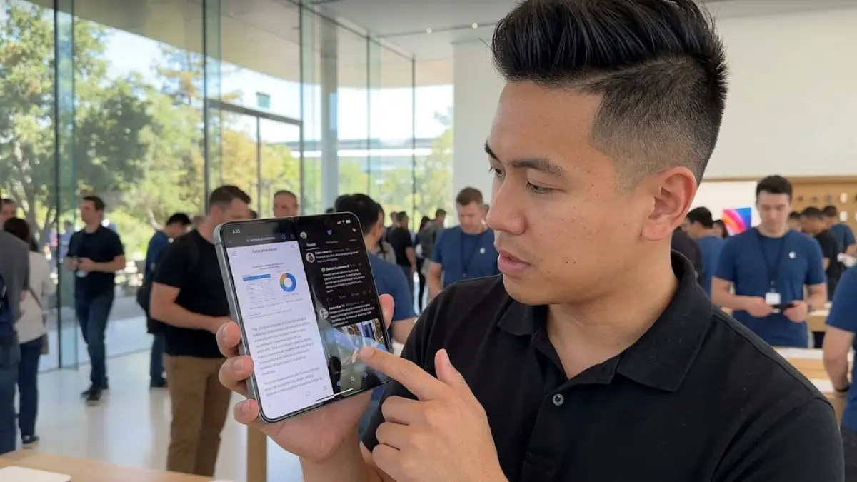 Ilustrasi seorang tech reviewer yang sedang mengamati  saksama layar bagian dalam iPhone Duo yang terbuka di tengah suasana cerah dan aktif khas area Apple Park.(generate ai)