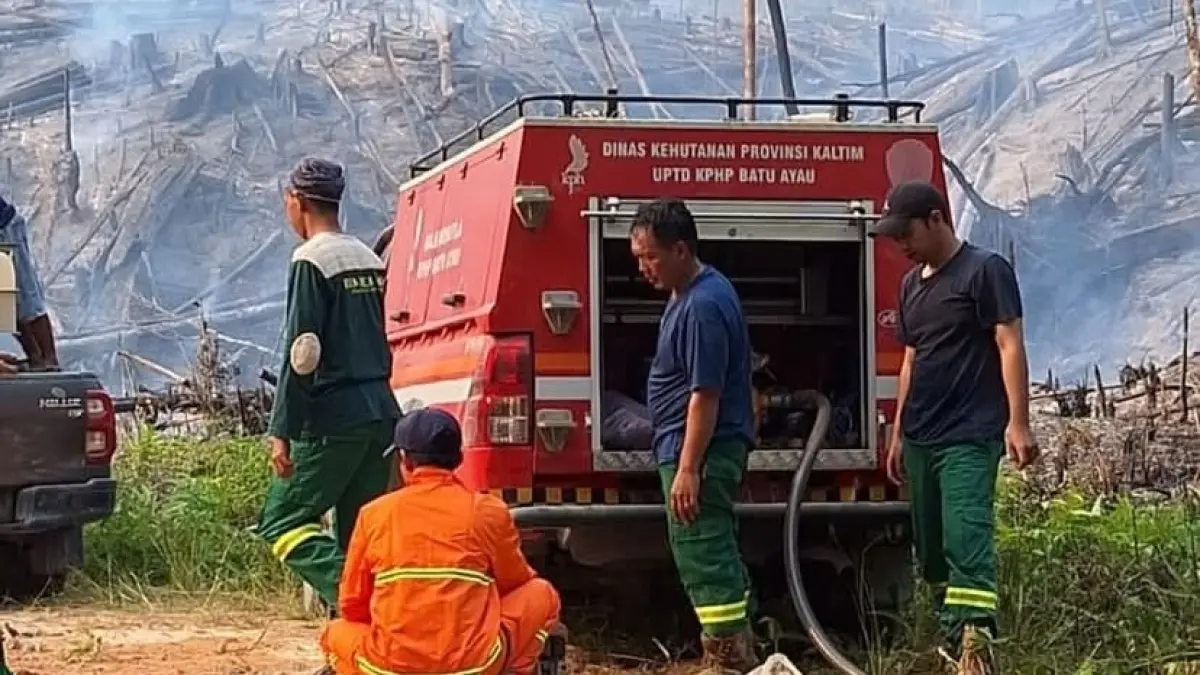 Petugas dari Dishut Kaltim melakukan pemadaman karhutla.