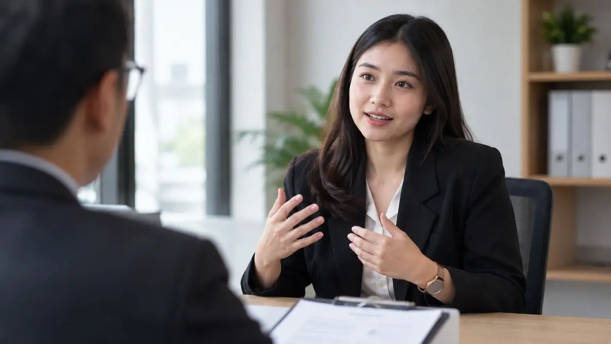 Ilustrasi. Cara menjawab pertanyaan tentang kenaikan gaji saat interview kerja agar tetap profesional di hadapan HRD. (OpenAI)