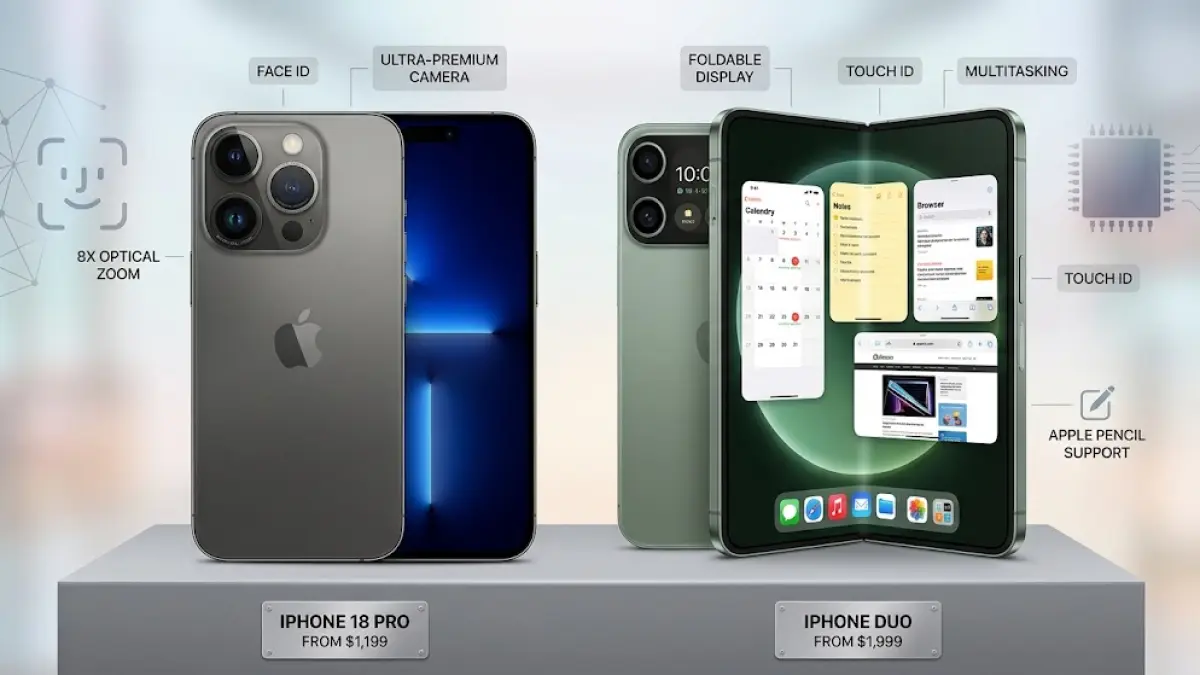 Ilustrasi perbandingan visual antara iPhone 18 Pro dan iPhone Duo.(generate ai)