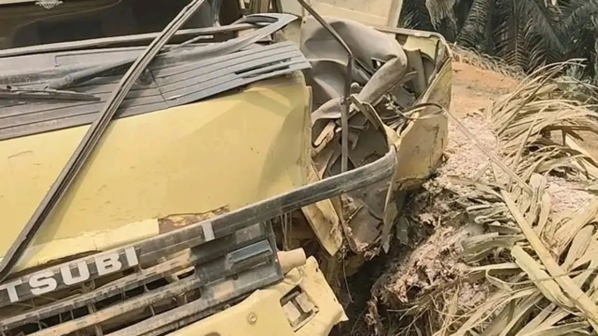 KECELAKAAN: Kondisi truk yang rusak parah akibat meluncur dan menabrak pohon sawit.