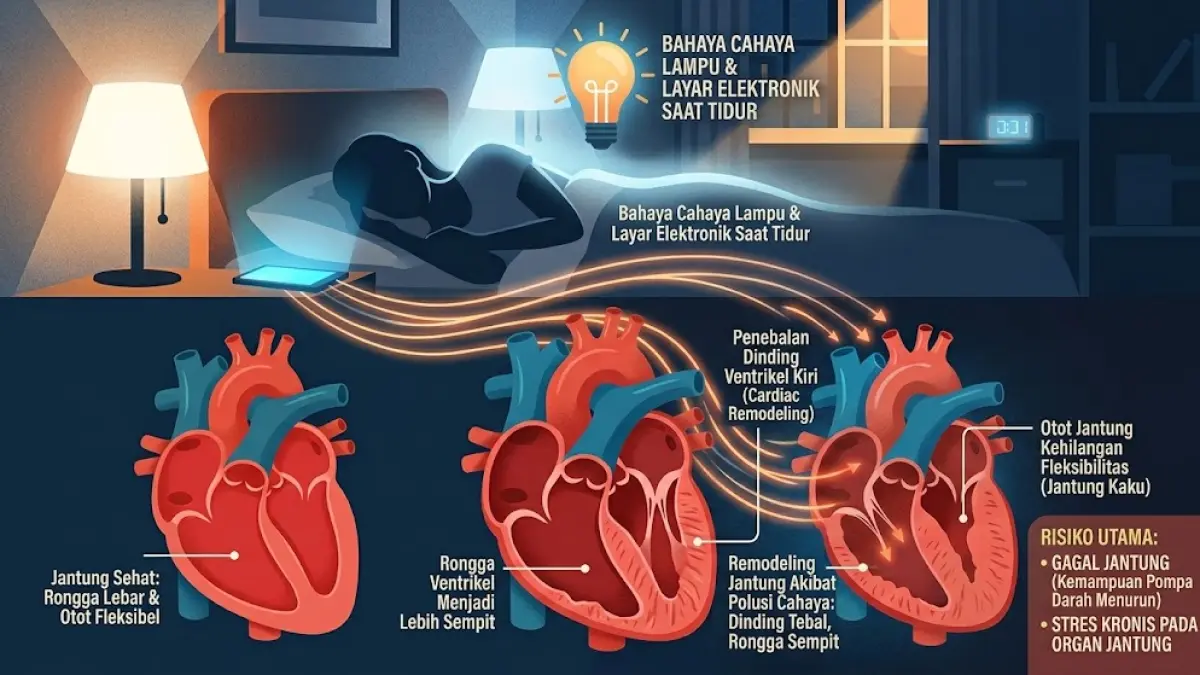 Ilustrasi tidur malam dengan lampu terang berdampak mengganggu kesehatan jantung.(generate ai)