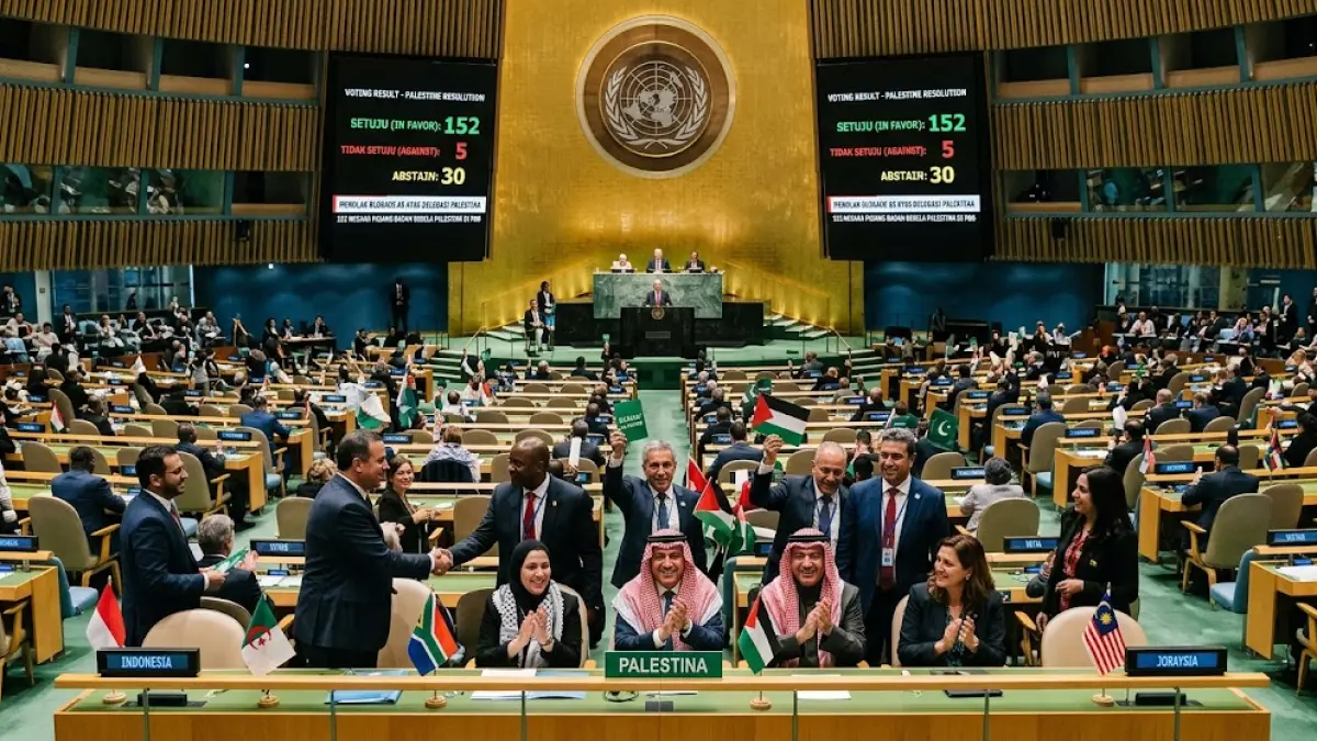 Ilustrasi 152 negara di dunia pasang badan Palestina untuk bisa hadir pada Sidang Umum PBB di New York.(generate ai)