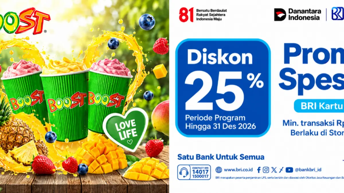 Nikmati kesegaran jus Boost dengan promo diskon 25 persen menggunakan BRI Kartu Kredit Visa Contactless. (Foto: Dok BRI)