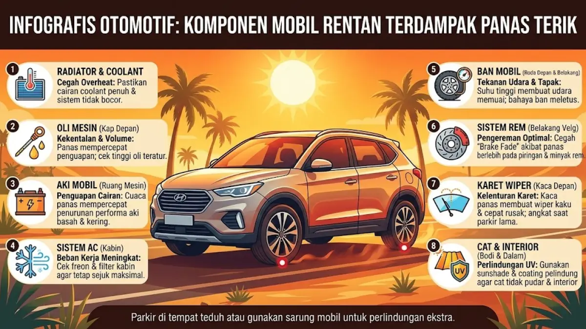 Ilustrasi komponen kendaraan roda empat yang perlu diwaspadai selama musim panas.(generate ai)