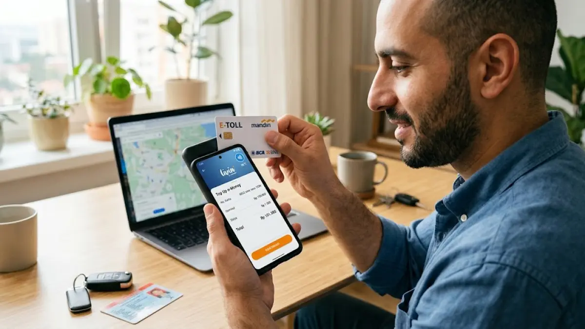 Ilustrasi  mengenai cara mengisi saldo e-Toll menggunakan fitur NFC di smartphone.(generate ai)